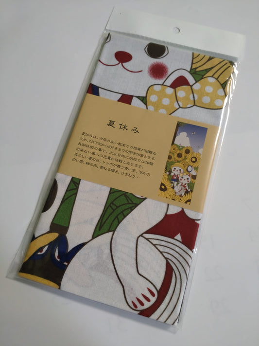 Fuku Maneki Cat Summer Vacation Japanese Tenugui